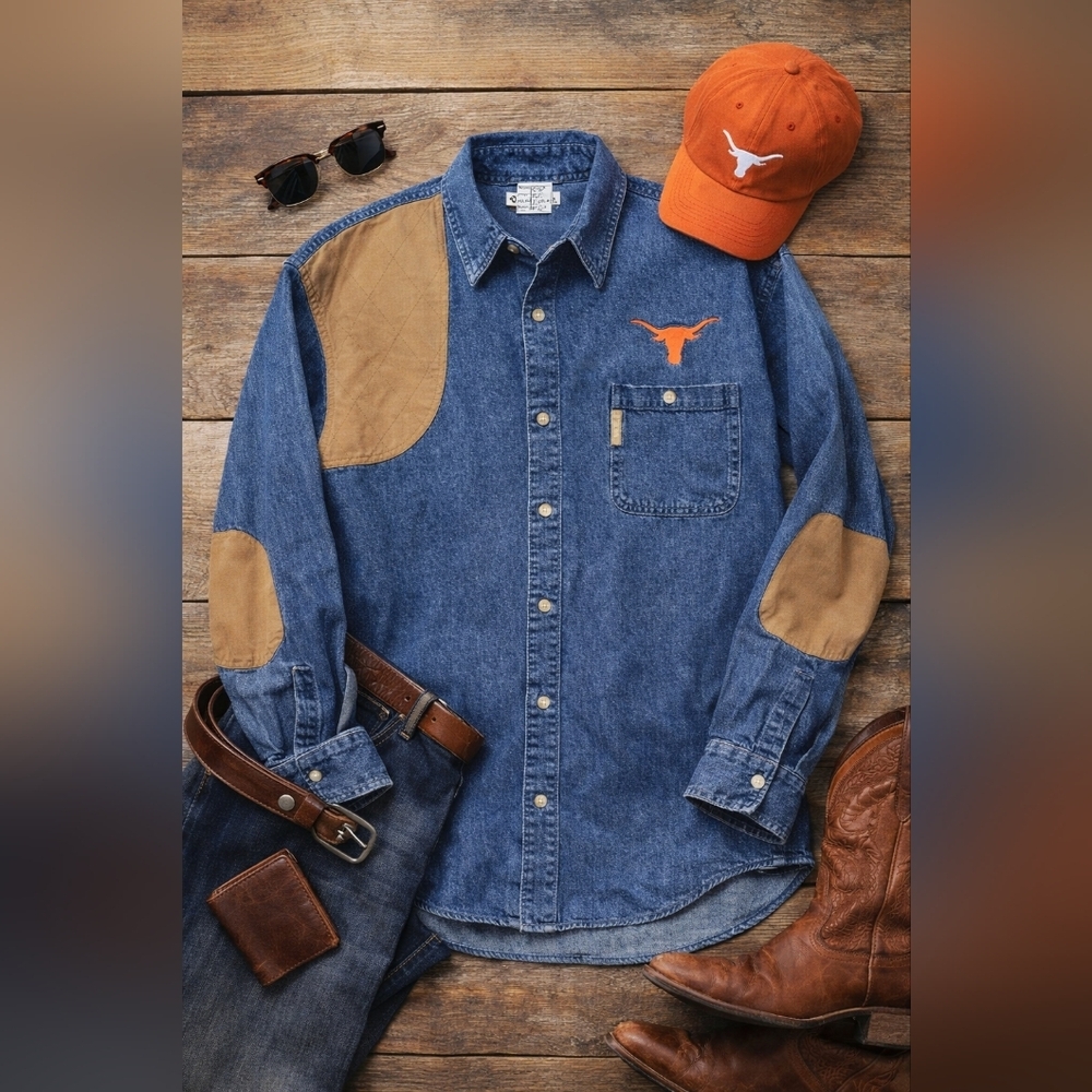Columbia Long Sleeve Denim Shooters Texas Long Horns Shirt. Mens 2xl